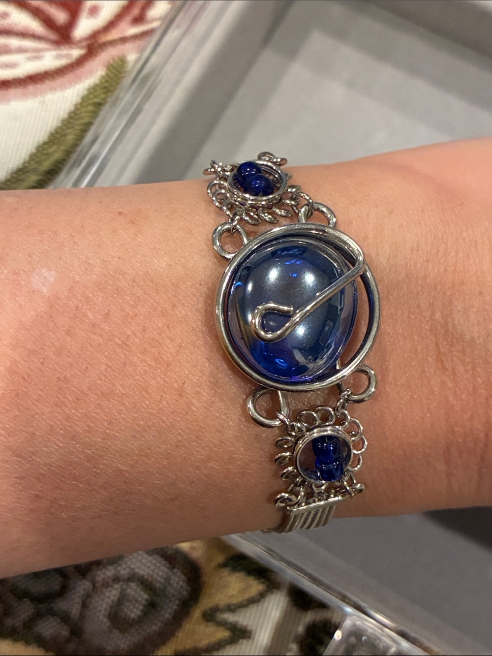 Silver-Tone Bracelet with Deep Blue Glass Cabochons - Women Jewelry